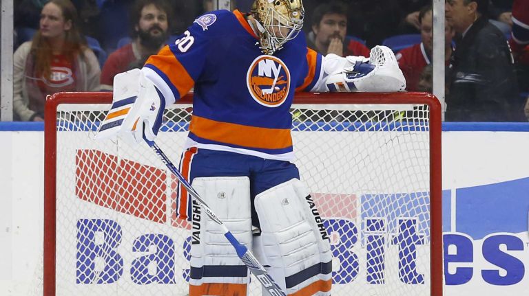 Michal Neuvirth of the New York Islanders looks on late in a game against the Montreal Canadiens at Nassau Coliseum on Saturday, March 14, 2015.