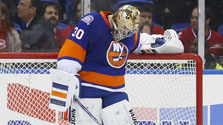 Michal Neuvirth of the New York Islanders looks on late in a game against the Montreal Canadiens at Nassau Coliseum on Saturday, March 14, 2015.