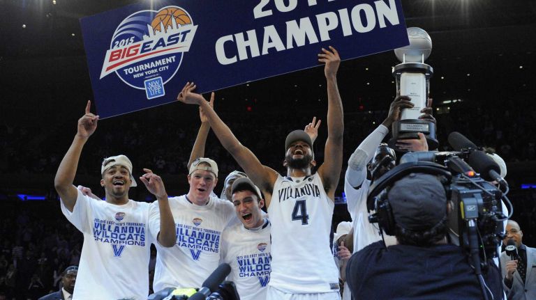 Villanova celebrates after defeating Xavier 69-52 to win the Big East basketball championship at Madison Square Garden on Saturday, March 14, 2015.