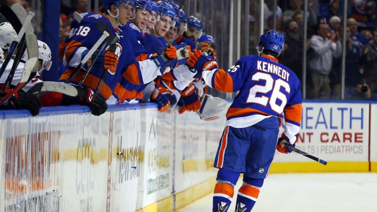 Tyler Kennedy of the New York Islanders celebrates his third period goal against the Ottawa Senators at Nassau Coliseum on Friday, March 13, 2015.