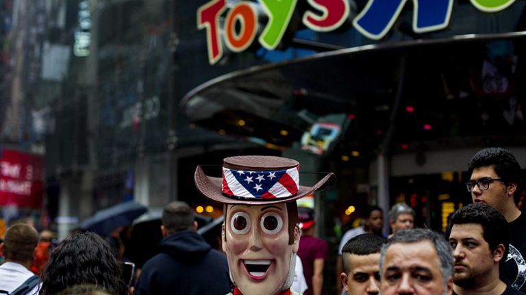 A person dressed as Woody from 