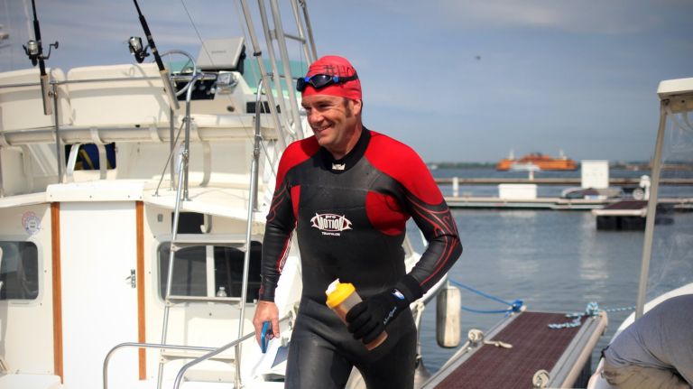 Activist Christopher Swain, 49, completed a 133-mile swim from Montauk to New York Harbor to raise awareness for the region's polluted waterways on Thursday, June 15, 2017.