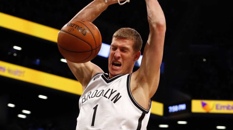 Mason Plumlee #1 of the Brooklyn Nets dunks the ball in the first quarter against the Cleveland Cavaliers at Barclays Center on Monday, Dec. 8, 2014.
