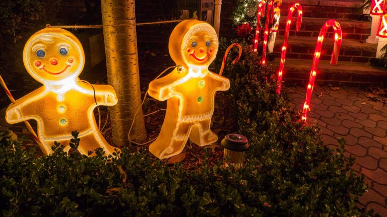 Gingerbread men in the front yard of a home in Brooklyn's Dyker Heights.