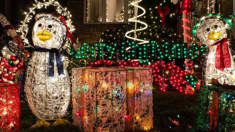 Snowmen are a bundle of lights on Eleventh Avenue in Brooklyn's Dyker Heights.