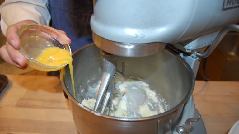 Bouchon Bakery's Simple Thanksgiving Pumpkin Pie recipe 19 <p>When butter and sugar have no lumps slowly add egg until combined, scraping down sides of bowl.</p> <p>Next, add the vanilla, almond flour and flour into the bowl, one at a time, and mix until dough comes together.</p> <p>TIP: Unlike with a typical pie dough crust, there is no need to worry about over-mixing pate sucre dough.</p>