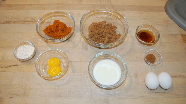 Bouchon Bakery's Simple Thanksgiving Pumpkin Pie recipe 22 <p>2 Tablespoons all-purpose flour</p> <p>2 eggs (room temperature)</p> <p>2 egg yolks (room temperature)</p> <p>100g dark brown sugar (1/2 cup + 1 Tablespoon firmly packaged)</p> <p>160g pumpkin puree (2/3rd cup) (room temperature)</p> <p>2 pinches ground cloves</p> <p>1 pinch ground nutmeg</p> <p>2 pinches ground Allspice</p> <p>1/4th teaspoon cinnamon</p> <p>75g buttermilk (1/3rd cup) (room temperature)</p> <p>2.5 Tablespoons brown butter, warm</p>