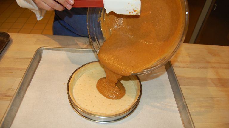 Bouchon Bakery's Simple Thanksgiving Pumpkin Pie recipe 30 Pour mixture into cooled tart shell and bake at 300 F for approximately 35 minutes, or until the center slightly jiggles. Cool completely.