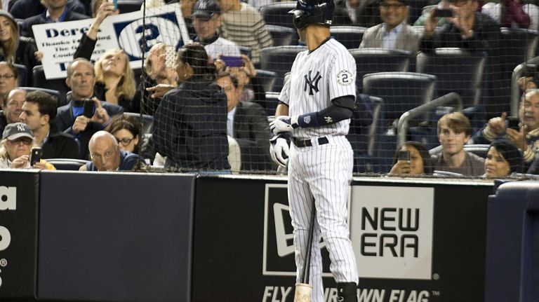 Derek Jeter's final game at Yankee Stadium 145 Yankees' Derek Jeter acknowledges the fans before his first at-bat in the first inning against the Baltimore Orioles at Yankee Stadium on Thursday, Sept. 25, 2014.