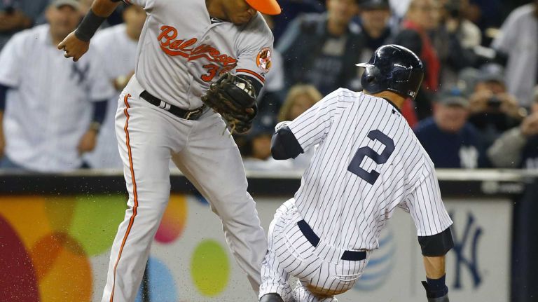 Derek Jeter's final game at Yankee Stadium 151 Derek Jeter of the Yankees is safe at third base ahead of the tag from Jimmy Paredes of the Baltimore Orioles in the first inning at Yankee Stadium on Thursday, Sept. 25, 2014.