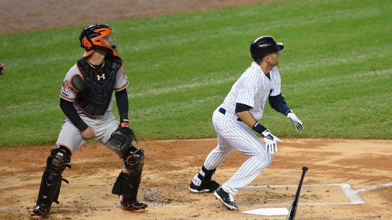 Derek Jeter's final game at Yankee Stadium 162 Yankees' Derek Jeter knocks a double in his first at-bat of his final game at Yankee Stadium on Thursday, Sept. 25, 2014.