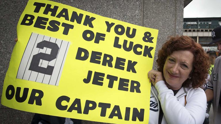 Derek Jeter's final game at Yankee Stadium 166 Colleen McGuire of Brick, N.J. shows off her homemade sign before entering the stadium for Derek Jeter's final home game against the Baltimore Orioles at Yankee Stadium on Sept. 25, 2014.