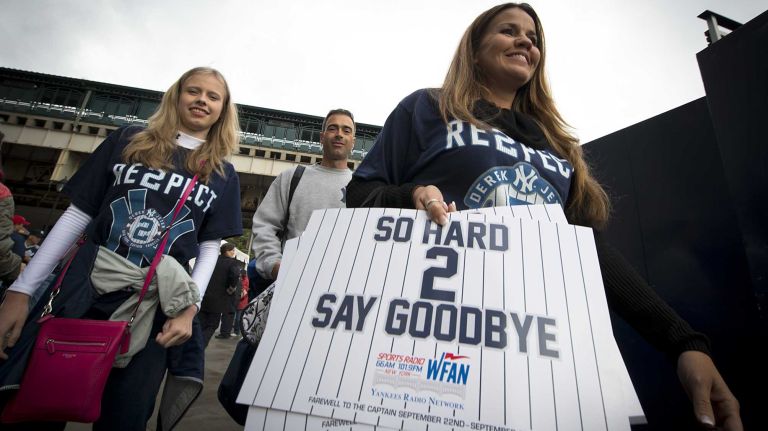 Derek Jeter's final game at Yankee Stadium 171 Derek Jeter fans enter the stadium with a sign for Jeter's final home game against the Baltimore Orioles at Yankee Stadium on Sept. 25, 2014.