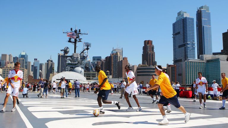The New York Red Bulls play a friendly match against the Navy on the deck of the USS Intrepid on May 21, 2009, in Manhattan.