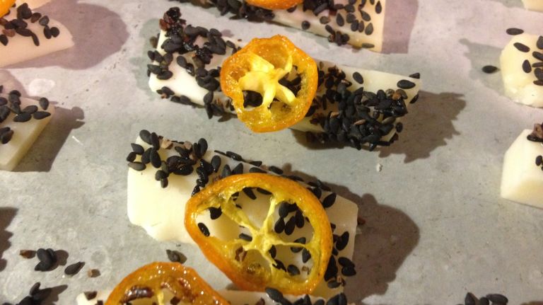 Midnight Moon goat Gouda with candied kumquat, toasted sesame seed-cocoa nibs and orange blossom water by Lilith Spencer from BKLYN Larder in Park Slope.