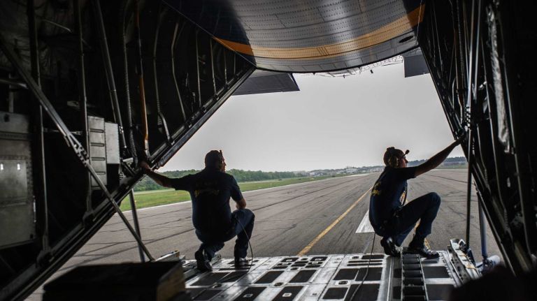 Jones Beach Air Show 2014 29 Personnel open the rear door of Fat Albert, the Navy's main vessel for transporting the Blue Angels.