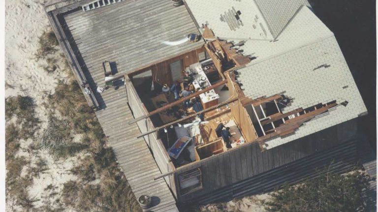 Part of a roof yielded to Hurricane Gloria as the storm blasted the western end of Fire Island near Dunewood and Fair Harbor on Sept. 28, 1985.