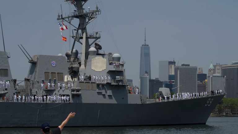 The USS Farragut sails into New York Harbor for Fleet Week on May 25, 2016. 