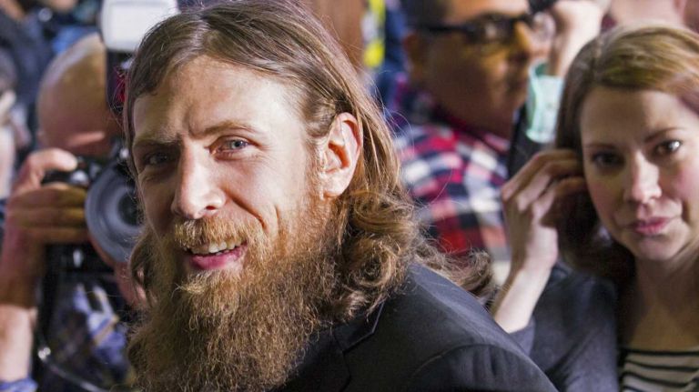 WWE star Daniel Bryan arrives at the Hard Rock Cafe in Manhattan Tuesday, April 1, 2014, as they kick off Wrestlemania 30 during a week long list of activities leading to the April 6th main event.