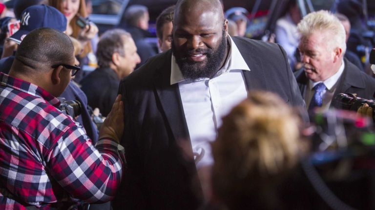 WWE star Mark Henry arrives at the Hard Rock Cafe in Manhattan Tuesday, April 1, 2014, as they kick off Wrestlemania 30 during a week long list of activities leading to the April 6th main event.