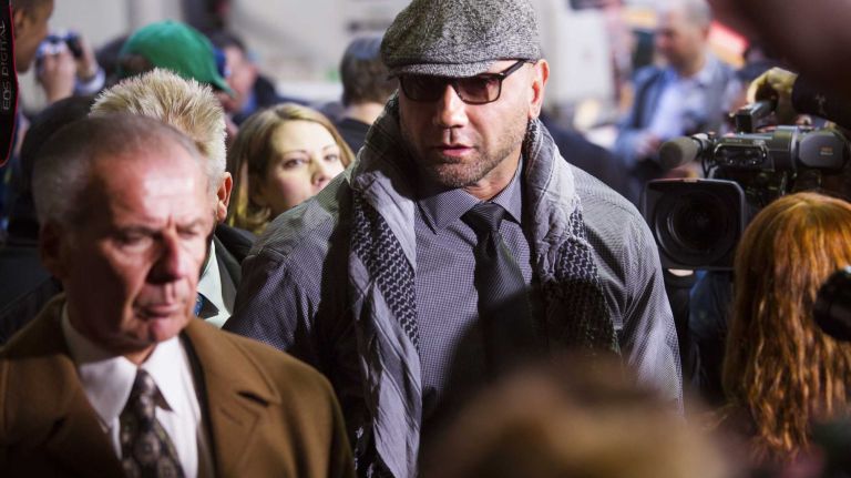 WWE star Batista arrives at the Hard Rock Cafe in Manhattan Tuesday, April 1, 2014, as they kick off Wrestlemania 30 during a week long list of activities leading to the April 6th main event.
