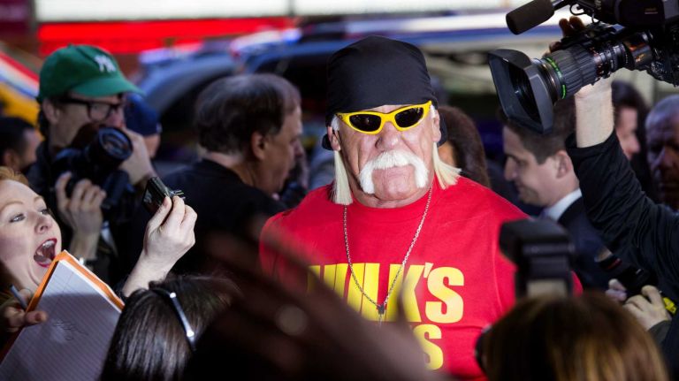 WWE superstar Hulk Hogan arrives at the Hard Rock Cafe in Manhattan Tuesday, April 1, 2014, as they kick off Wrestlemania 30 during a week long list of activities leading to the April 6th main event.