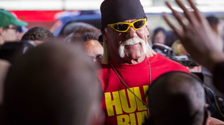 WWE superstar Hulk Hogan arrives at the Hard Rock Cafe in Manhattan Tuesday, April 1, 2014, as they kick off Wrestlemania 30 during a week long list of activities leading to the April 6th main event.