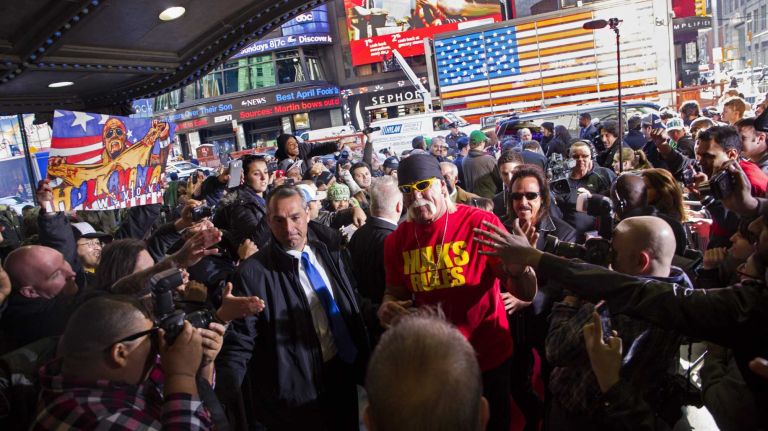 WWE superstar Hulk Hogan arrives at the Hard Rock Cafe in Manhattan Tuesday, April 1, 2014, as they kick off Wrestlemania 30 during a week long list of activities leading to the April 6th main event.