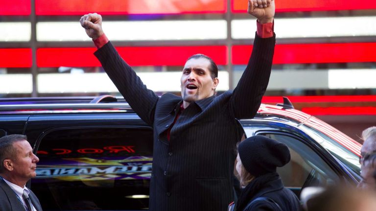 WWE wrestler Khali arrives at the Hard Rock Cafe in Manhattan Tuesday, April 1, 2014, as they kick off Wrestlemania 30 during a week long list of activities leading to the April 6th main event.