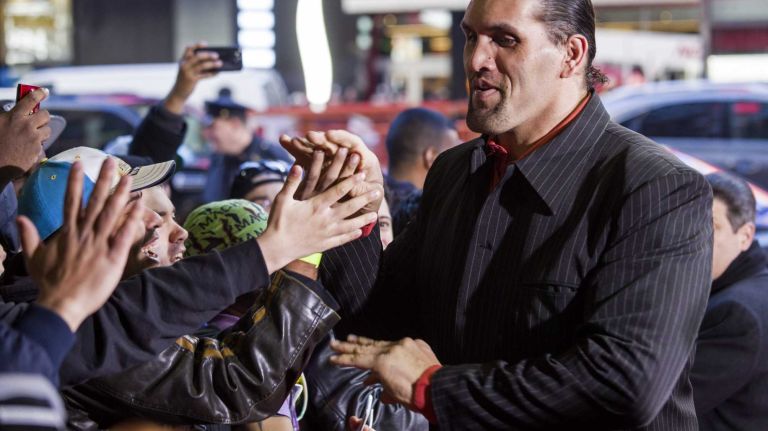 WWE wrestler Khali arrives at the Hard Rock Cafe in Manhattan Tuesday, April 1, 2014, as they kick off Wrestlemania 30 during a week long list of activities leading to the April 6th main event.