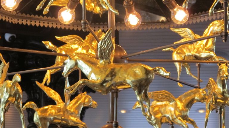 David Salama, one of the restaurateurs behind the new Tavern on the Green, built the horses in this chandelier by hand to hang over his newborn daughter's crib six years ago. But when he realized the final product was too fancy to hang as a mobile, it ended up tucked away on a shelf. Once the restaurant design started to form, he knew the Central Park-inspired horses needed to find a home within its walls.