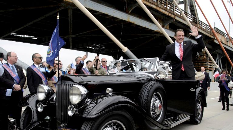 Gov. Andrew Cuomo arrived at the new Kosciuszko Bridge  span opening in a 1932 Packard owned by former President Franklin D. Roosevelt Thursday, April 27, 2017.