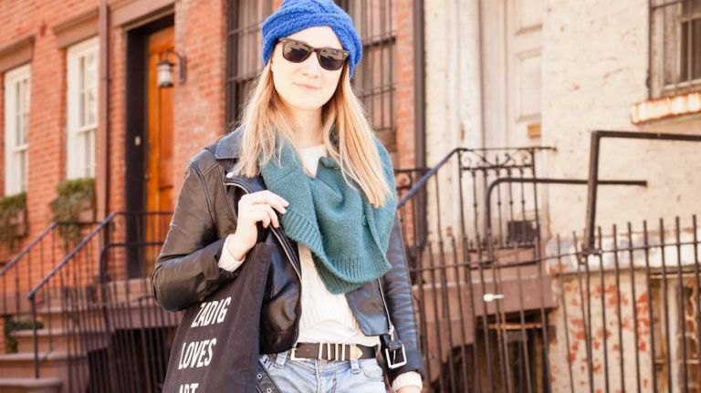 Chelsea resident Coline Gautier, an interior designer, rocks a pair of tights underneath her denim shorts for an extra layer. She also wears a Lana Siberie hat, H&M jacket, Comptoir des Cottoniers scarf and Vans sneakers.