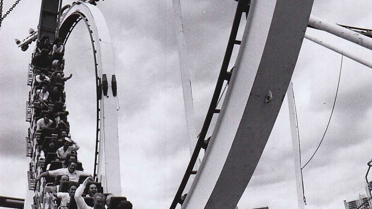 Passengers try out the new ride at Coney Island, the Doppel Loop, a roller coaster from Germany. (July 1, 1988)