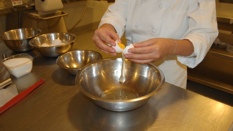 You need 1/2 cup of egg whites, which requires cracking and separating the yolks from about five eggs. (Save the yolks for another purpose.)