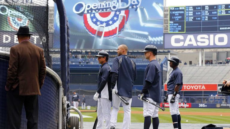 Derek Jeter of the New York Yankees takes batting practice before a game against the Baltimore Orioles with his teammates at Yankee Stadium on Monday, Apr. 7, 2014 in the Bronx.