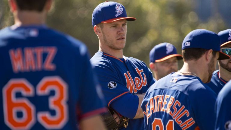 Noah Syndergaard looks on during spring training Monday Feb. 17, 2014 at Tradition Field in Port St. Lucie, Fla.