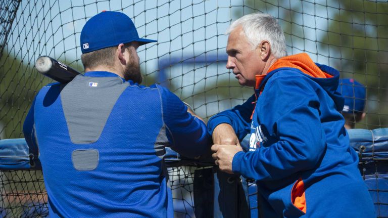 Mets manager Terry Collins, right, talks to Lucas Duda on Friday, Feb. 14, 2014, during spring training in Port St. Lucie, Fla.