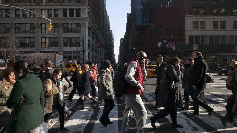 A view down West 36th Street at Broadway.