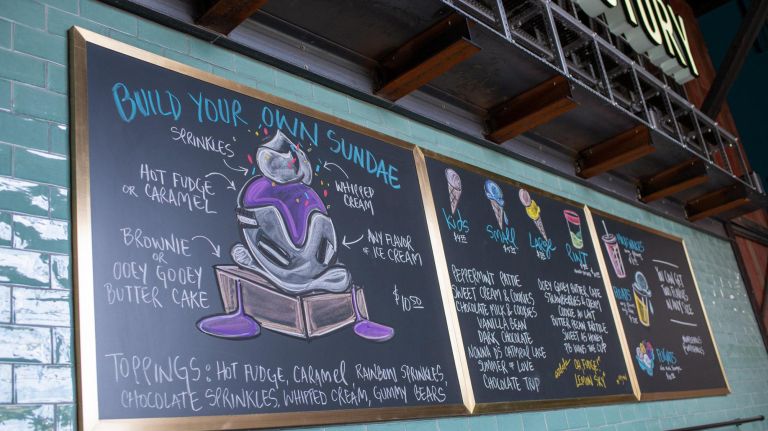 The menu on display at the ice cream shop at the Ample Hills ice cream factory and museum in Red Hook. 421 Van Brunt St. Brooklyn, NY on July 24, 2018.