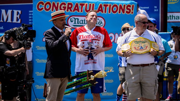 Nathan's Hot Dog Eating Contest 2017: Photos from the Coney Island event 21 Joey Chestnut ate a record-breaking 72 hot dogs to win the men's title in Nathan's Famous Hot Dog Eating Contest in Coney Island on Tuesday, July 4, 2017.