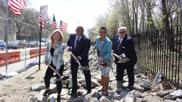 Prospect Park's Flatbush Avenue perimeter to be restored: See renderings 4 Prospect Park Alliance President Sue Donoghue, Parks Department Commissioner Mitchell Silver, Councilmember Laurie Cumbo and Brooklyn Parks Chief of Staff Martin Maher break ground on the restoration to Flatbush Avenue on Thursday.