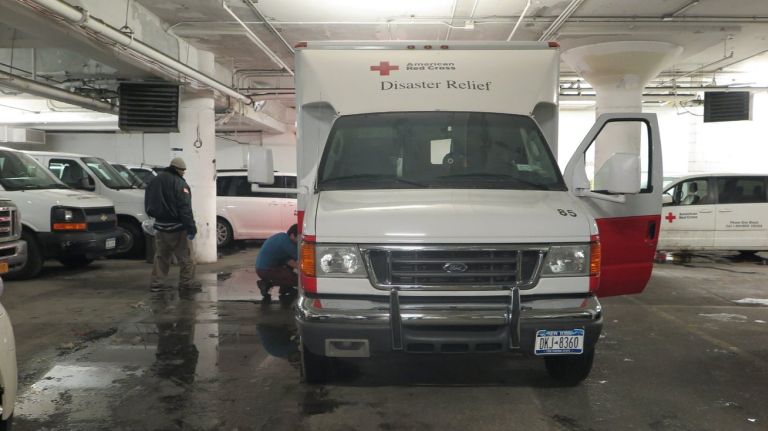 The Red Cross uses emergency response vehicles at large fires and other disasters. Above, one of the trucks is seen in the garage of the headquarters in Hell's Kitchen on Jan. 4, 2018.