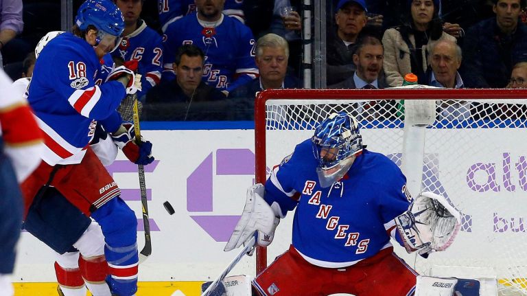 Henrik Lundqvist (#30), of the New York Rangers, makes a save in the first period against the Florida Panthers at Madison Square Garden on Tuesday, Nov. 28, 2017, in Manhattan.