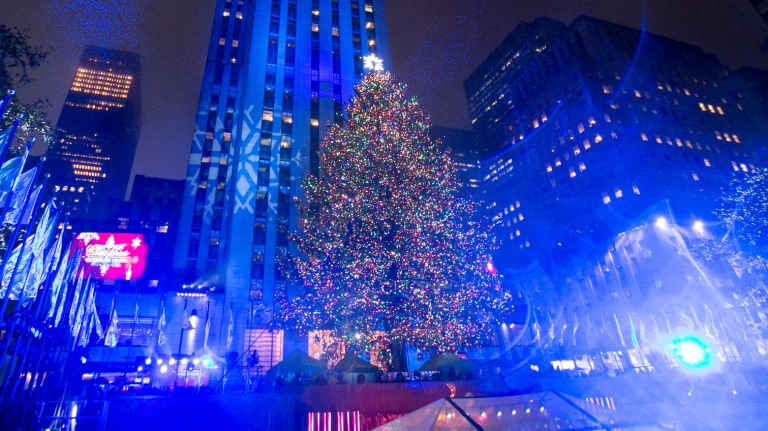 The Rockefeller Center Christmas tree is lit on Wednesday, Nov. 30, 2016.