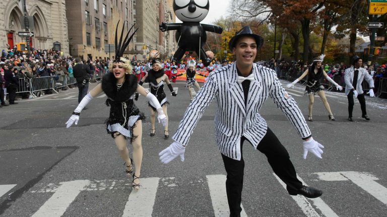 The Felix the Cat balloon floats above Central Park West on Nov. 24, 2016, as the 90th annual Macy's Thanksgiving Day Parade steps off in Manhattan. Felix was a cartoon character in the silent film era. According to news reports a balloon version had been part of the parade in the 1920s and was brought back this year for the 90th celebration.