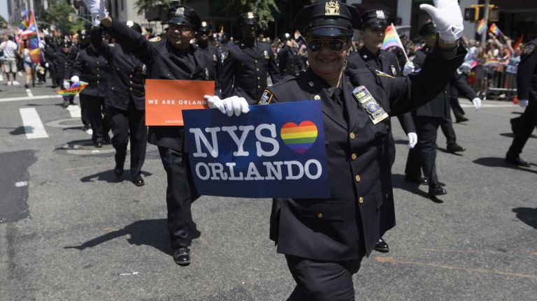 NYC Pride March 2016: See photos of the annual march to commemorate the Stonewall riots 96 Members of the NYPD march in the 46th annual New York City Pride March on Fifth Avenue in Manhattan on Sunday, June 26, 2016. This year's Pride parade pays tribute to the 49 killed in the shooting at a gay nightclub in Orlando, Florida, two weeks ago on June 12.
