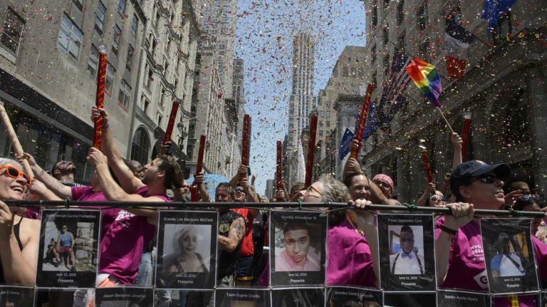NYC Pride March 2016: See photos of the annual march to commemorate the Stonewall riots 107 Confetti is shot into the air to mark the start of the New York City Pride March on Fifth Avenue in Manhattan on Sunday, June 26, 2016. This year's Pride parade pays tribute to the 49 killed in the shooting at a gay nightclub in Orlando, Florida, two weeks ago on June 12.