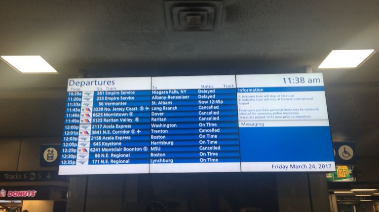 There are Amtrak and NJ Transit service changes due to a minor train derailment at Penn Station in Manhattan on Friday, March 24, 2017. Above, the Amtrak departure board in Penn Station on Friday, March 24, 2017.