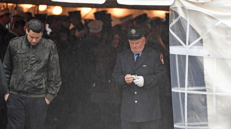 Firefighters, friends and loved ones gather and pay their respects at the wake for fallen FDNY firefighter William Tolley at Chapey and Sons Funeral Home in Bethpage on Tuesday, April 25, 2017.